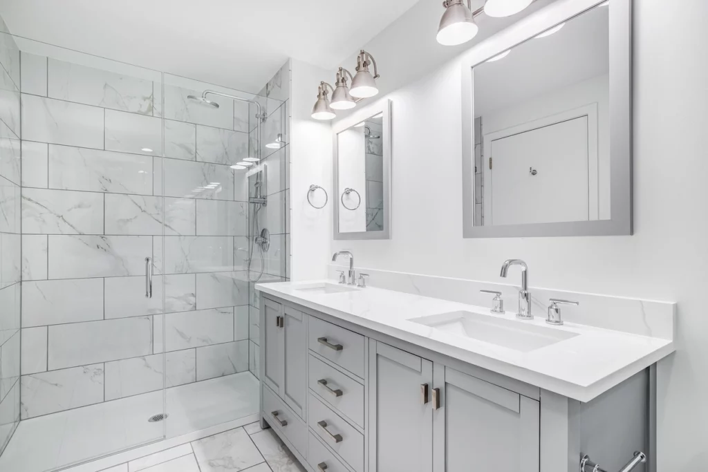 White tile shower remodel and double vanity installation in Vancouver WA